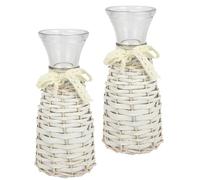 Lot de 2 vases en Verre avec rotin et Dentelle - 21 cm - Style Maison de Campagne - Décoration de Table Rustique - pour Mariage - Nœud - Fleurs Simples - Vase cylindrique - Vase de Table - Fleurs