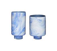 Lot de 2 vases en verre bleu, ronds, fait main, motif bleu et blanc, à poser - Hübsch, Cloud - Ø15 H18 cm
