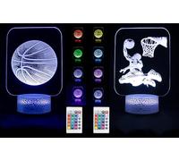 Lot de 2 veilleuses 3D sport pour enfants et adultes, lampe LED avec 16 couleurs, télécommande et tactile, alimentation USB ou piles, lumière déco pour chambre, anniversaire, Noël (Basketball homme)
