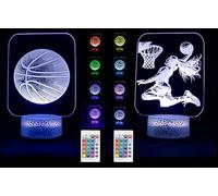 Lot de 2 veilleuses 3D sport pour enfants et adultes, lampe LED avec 16 couleurs, télécommande et tactile, alimentation USB ou piles, lumière déco pour chambre, anniversaire, Noël (Basketball femme)