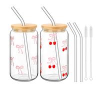 Lot de 2 verres à cocktail,500 ml gobelet en verre avec couvercle et paille,gobelets en verre, verres à boire,pour soda, cocktail, smoothie, café, l'eau, les jus, la bière