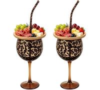 Lot de 2 verres à vin à pied avec planche à charcuterie, imprimé léopard | Ensemble de verres à boire avec pailles réutilisables pour collation et boisson - Verre à cocktail pour la maison et les