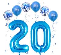 Lot de 20 ballons bleus en forme de chiffre 2 et 0 pour anniversaire de garçon et fille - 101,6 cm - Ballons en aluminium en forme de chiffre 2 et 0 avec 6 ballons bleus en métal et confettis pour