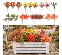 Lot de 20 plantes d'automne artificielles d'extérieur avec eucalyptus, fougère, herbe et tiges de verdure rouge et orange, plantes artificielles en plastique pour jardin, porche, fenêtre, terrasse