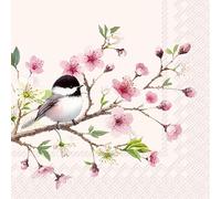 Lot de 20 serviettes de table en papier, motif : fleurs, jardin et nature - Petit oiseau sur branche de fleurs - Idéales pour le découpage et la technique des serviettes - 33 x 33 cm