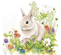 Lot de 20 serviettes de table en papier motif lapin dans un champ de fleurs vivant, serviettes en papier avec motif, également pour le découpage et le découpage (33 x 33 cm)