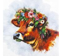 Lot de 20 serviettes en papier avec motif animaux vache avec couronne de fleurs Pour décoration de table Convient également pour découpage et technique de serviette 33 x 33 cm