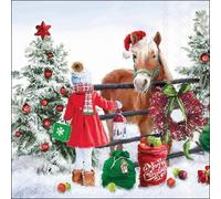 Lot de 20 serviettes en papier avec motif fille au cheval de Noël Convient également pour le découpage et la technique des serviettes 33 x 33 cm