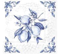 Lot de 20 serviettes en papier avec motif fleurs, jardin et nature citrons - Bleu - Idéales pour le découpage et la technique des serviettes - 33 x 33 cm