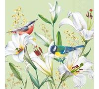 Lot de 20 serviettes en papier avec motif fleurs, jardin et nature oiseaux en lys comme décoration de table Convient également pour le découpage et la technique des serviettes 33 x 33 cm