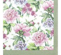 Lot de 20 serviettes en papier avec motif fleurs pivoines sur bordure verte pour décoration de table Convient également pour le découpage et la technique des serviettes 33 x 33 cm
