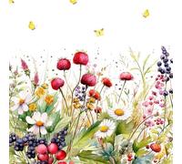 Lot de 20 serviettes en papier avec motif floral, jardin et prairie avec baies sucrées pour décoration de table Convient également pour le découpage et la technique des serviettes 33 x 33 cm