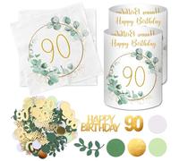 Lot de 20 serviettes et photophore pour 90e anniversaire, 100 pièces de confettis pour décoration de 90e anniversaire, vert, décoration de table avec eucalyptus