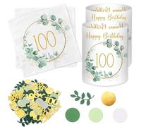 Lot de 20 serviettes pour 100e anniversaire + 12 photophores + 100 confettis verts - Décoration 100e anniversaire femme homme - Cadeaux pour 100 ans - Décoration de table eucalyptus 100 ans