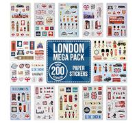 Lot de 200 autocollants en papier pour scrapbooking, travaux manuels, décoration - 14 motifs - Fournitures de décoration de fête Union Jack London Big Ben Guards King Queen
