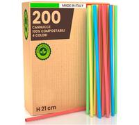 Lot de 200 pailles colorées rigides pour cocktails 100 % écologiques et réutilisables - Pailles longues 21 cm x 8 mm biodégradables et compostables - Fabriqué en Italie - pour boissons événementielles
