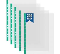 Lot de 200 pochettes perforées A4 en plastique transparent 60 microns avec ouverture sur le dessus pour classeurs à anneaux, bord vert