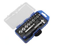 Lot de 23 tournevis à cliquet et douilles - Mini liquet 1/4" avec douilles métriques (4-12 mm), extension magnétique et embouts S - Boîte à outils de réparation portable pour la maison, le vélo