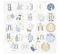 Lot de 24 autocollants calendrier de l'Avent bleus et dorés, 3,5 cm, chiffres de 1 à 24, motifs de Noël à décorer, résistants et de qualité.