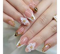 Lot de 24 autocollants métalliques à pression, courts, type amande, avec fleurs 3D et détails de lignes dorées, pour les fêtes, pour la peau délicate, sans danger pour la peau