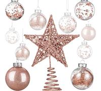 Lot de 24 Boules de Noël en Plastique incassable avec Une étoile de Sapin de Noël, Nouvel an, Mariage, Maison, fête (Or Rose)