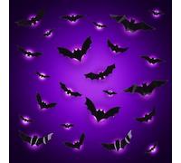 Lot de 24 décorations d'Halloween, chauve-souris 3D avec LED, décoration d'Halloween extérieure et intérieure, kit de décoration d'Halloween pour jardin, fenêtre, porte (violet)