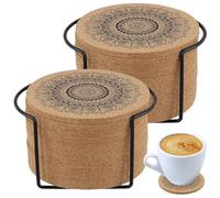 Lot de 24 Dessous De Verre Ronds en Liège 10 cm avec Support Métal | NGOSUET, Motif Mandala Absorbant, Base Antidérapante, Réutilisable, Pour Tasse, Mug, Bouteille, Café, Bar, Bureau, Terrasse