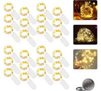 Lot de 24 guirlandes lumineuses LED à piles - 2 m - 20 LED - Micro piles - Fil de cuivre - Blanc chaud - Éclairage de Noël pour chambre, intérieur, Noël, extérieur, fête, mariage, bricolage (blanc