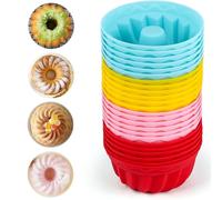 Lot de 24 mini moules à kouglof en silicone, 4 couleurs. Moules à kouglof réutilisables pour cupcakes, desserts et en-cas. Convient au four et au micro-ondes. Diamètre : 6,5 cm, hauteur : 2,7 cm