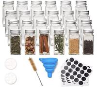 Lot de 24 petits pots à herbes carrés en verre hermétiques, 120 ml, ensemble transparent pour la cuisine avec couvercles en aluminium, un bol, une brosse de nettoyage et des étiquettes blanches à écri