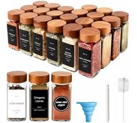 Lot de 24 Pot à Épices en Verre et Bois de 120ml avec Couvercle en Acacia, Étiquettes, Entonnoir & Brosse, Conteneurs Épice Carré, Bocaux Rangement Cuisine pour Conserver Cannelle et Graines de Sésame