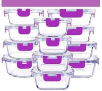 Lot de 24 récipients alimentaires en verre (12 récipients et 12 couvercles) - Passe au lave-vaisselle, au micro-ondes et au congélateur - Anti-fuite et sans BPA - Approuvé par la FDA et le FSC