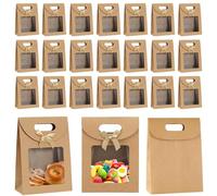 Lot de 24 sacs en papier marron avec fenêtre - 16 x 12 x 6 cm - Sacs cadeaux avec poignées - Sacs cadeaux pour emballage de banquet, cadeaux, bonbons, biscuits