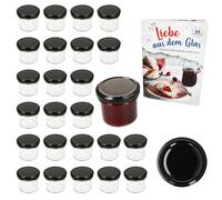 Lot de 25 bocaux en verre de 125 ml avec couvercles noirs To 66 et livret de recettes de la marque de sucre gélifiant Diamant (français non garanti).