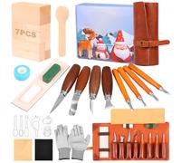 Lot de 25 outils de sculpture pour débutants - 8 blocs en bois de tilleul et gants de protection contre les coupures - 8 couteaux de sculpture sur bois en acier au chrome vanadium avec sac à roulettes