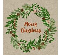 Lot de 25 petites serviettes à cocktail en papier recy vec motif Noël Merry Christmas dans une couronne de Noël comme décoration de table - Pour découpage et technique de serviette - 25 x 25 cm