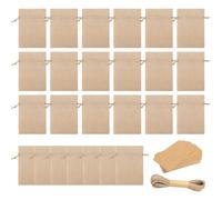 Lot de 25 pochettes de rangement en coton et lin avec étiquette d'emballage en papier pour mariage, anniversaire, 14 x 10 cm, sac à friandises en sisal naturel, bonus de mariage