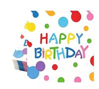 Lot de 25 serviettes de table en papier arc-en-ciel avec inscription « Happy Birthday » - Motif à pois colorés - Décorations de table pour invités
