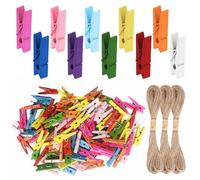 Lot de 250 Mini Pinces en Bois Colorées 35MM Petites Epingle a Linge | avec Bobine de Ficelle de Jute de 30M,Photo Clip Pince Décoratif pour Accrocher Photos, Postkarten, Vêtements, Décoration DIY