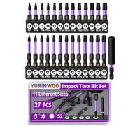 Lot de 27 embouts de tournevis Torx en forme d'étoile - 2,5 cm et 5,1 cm de long - Tige hexagonale de 6,35 mm - En acier S2 - Inviolable - Avec porte-embout magnétique de 5,8 cm et boîte de rangement