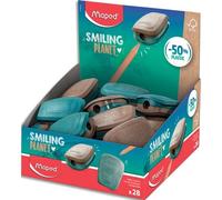 Lot de 28 Taille-Crayons 1 trou Smiling Planet composé à 50% de fibres de bois FSC, vendu en présentoir de 28