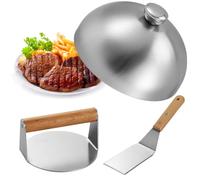 Lot de 3 Accessoires pour plancha : Cloche à Steak, Presse à Viande, spatule, kit de Fonte en Acier Inoxydable et Presse à Grill avec retourneuse, pour plancha Blackstone et Camp Chef