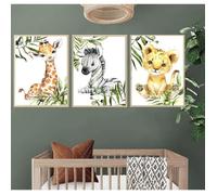 Lot de 3 Affiche Animaux Safari Poster Jungle Girafe Zebre Lion Tableau Murale 30x40 Enfant Bebe Chambre Toile Decoration sans