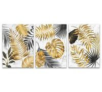 Lot de 3 Affiches Abstraites de Feuilles Tropicales Dorées Nature Morte Peinture sur Toile Décoration Murale 30x40cm avec cadre