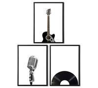 Lot de 3 affiches de musique vintage - Art mural rétro noir et blanc avec guitare, microphone et CD en vinyle - Disponible en A4 et A3 sur papier mat, décoration murale musique/salon (impression A3