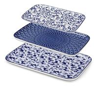 Lot De 3 Assiettes Plates Rectangulaires En Porcelaine-40,7/36/30,8 Cm-Style A Chinois Oriental Bleu Et Blanc-Assiette Pour