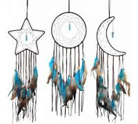 Lot de 3 attrape-rêves en forme d'étoile, de lune et de soleil - Accessoire de chambre de bébé et d'enfant - Attrape-rêves avec décoration de plumes - Pendentif mural unique pour la maison (marron)