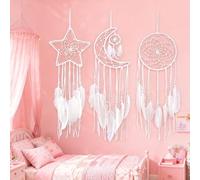 Lot de 3 attrape-rêves en forme d'étoile, de lune et de soleil - Accessoire de chambre de bébé et d'enfant - Attrape-rêves avec décoration en plumes - Pendentif mural unique (blanc)