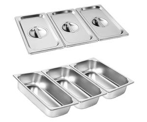 Lot de 3 Bacs Inox GN 1/3 - Acier Inoxydable - Avec Couvercle - Pour Bain-Marie et Four - 32,5x17,5x CASSETTE RECHARGE POUR SEBUMET
