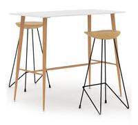 Lot de 3 bars, blancs, avec plateau de table en MDF et pieds en métal robuste, aspect bois, 120 x 60 x 105 cm, 2 tabourets de bar, en teck massif, peu encombrant, pour salle à manger, cuisine